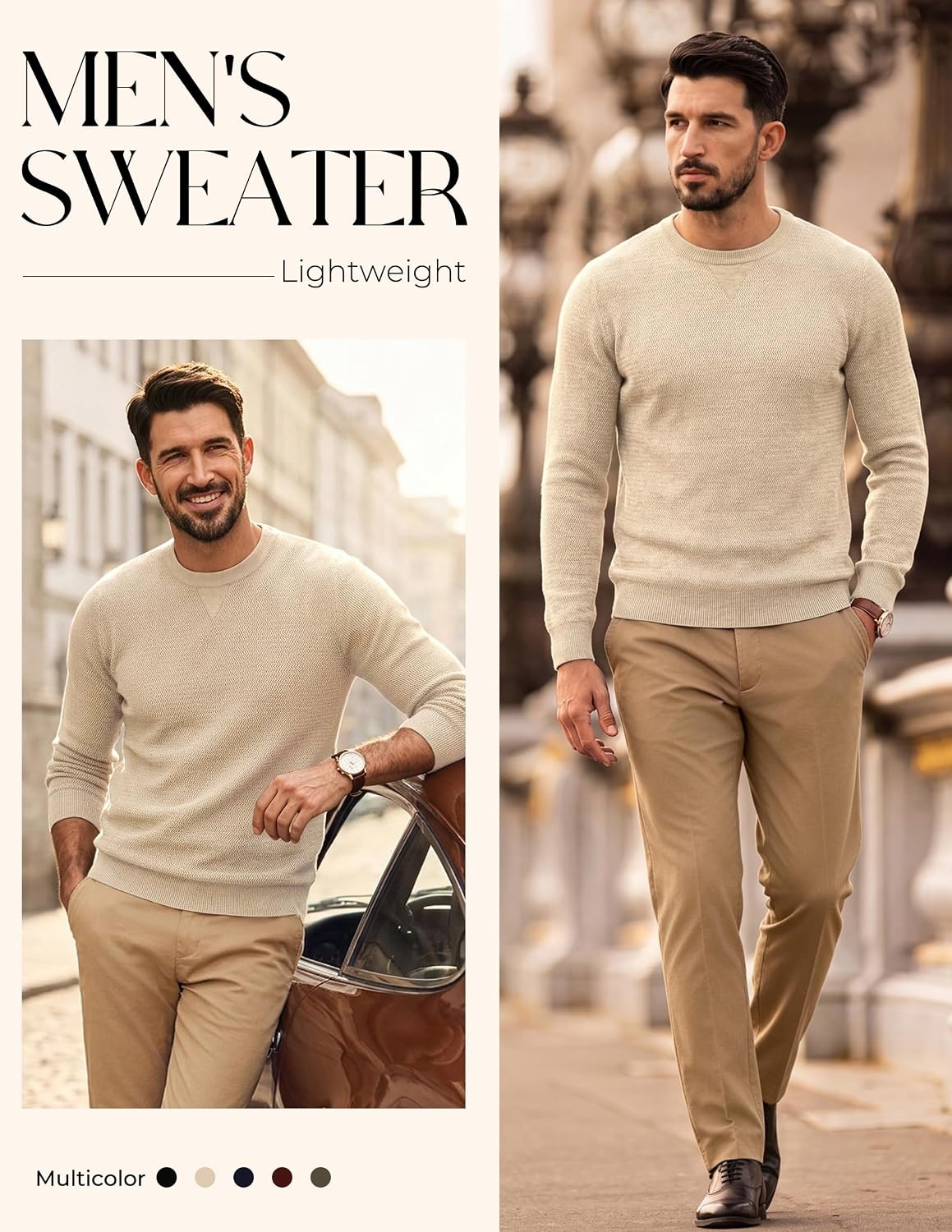 image:imagePJ PAUL JONES Mens Pullover Sweater Casual Crewneck Knit Sweaters Lightweight Long Sleeve Soft Knitted Textured Regular Fit Warm Stretchy Breathable Fall and Winter Business DaliyApricot