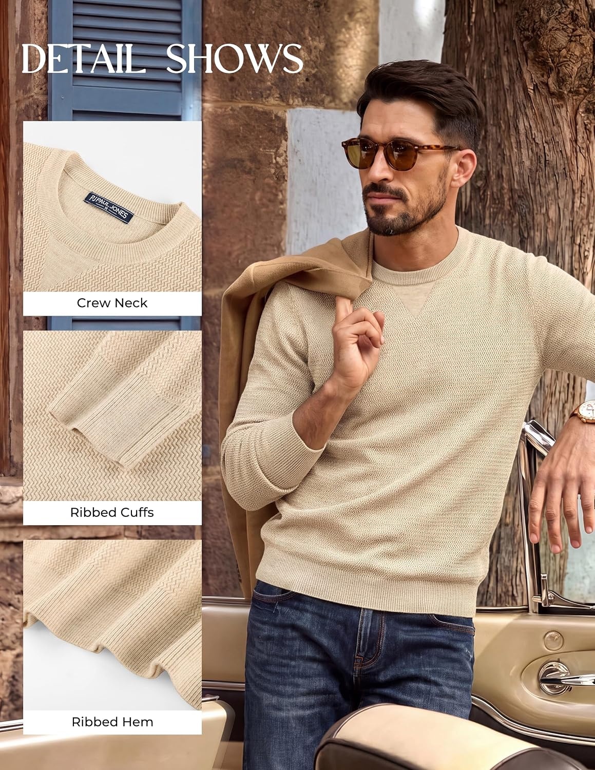 image:imagePJ PAUL JONES Mens Pullover Sweater Casual Crewneck Knit Sweaters Lightweight Long Sleeve Soft Knitted Textured Regular Fit Warm Stretchy Breathable Fall and Winter Business DaliyApricot