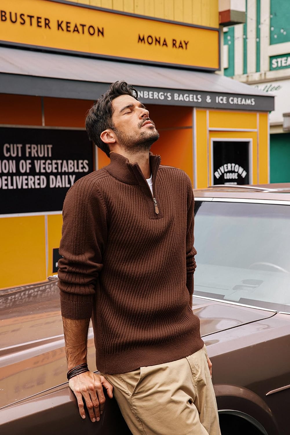 image:imagePJ PAUL JONES Mens Quarter Zip Pullover Sweaters Casual Slim Fit Knit Texture SweaterBrown