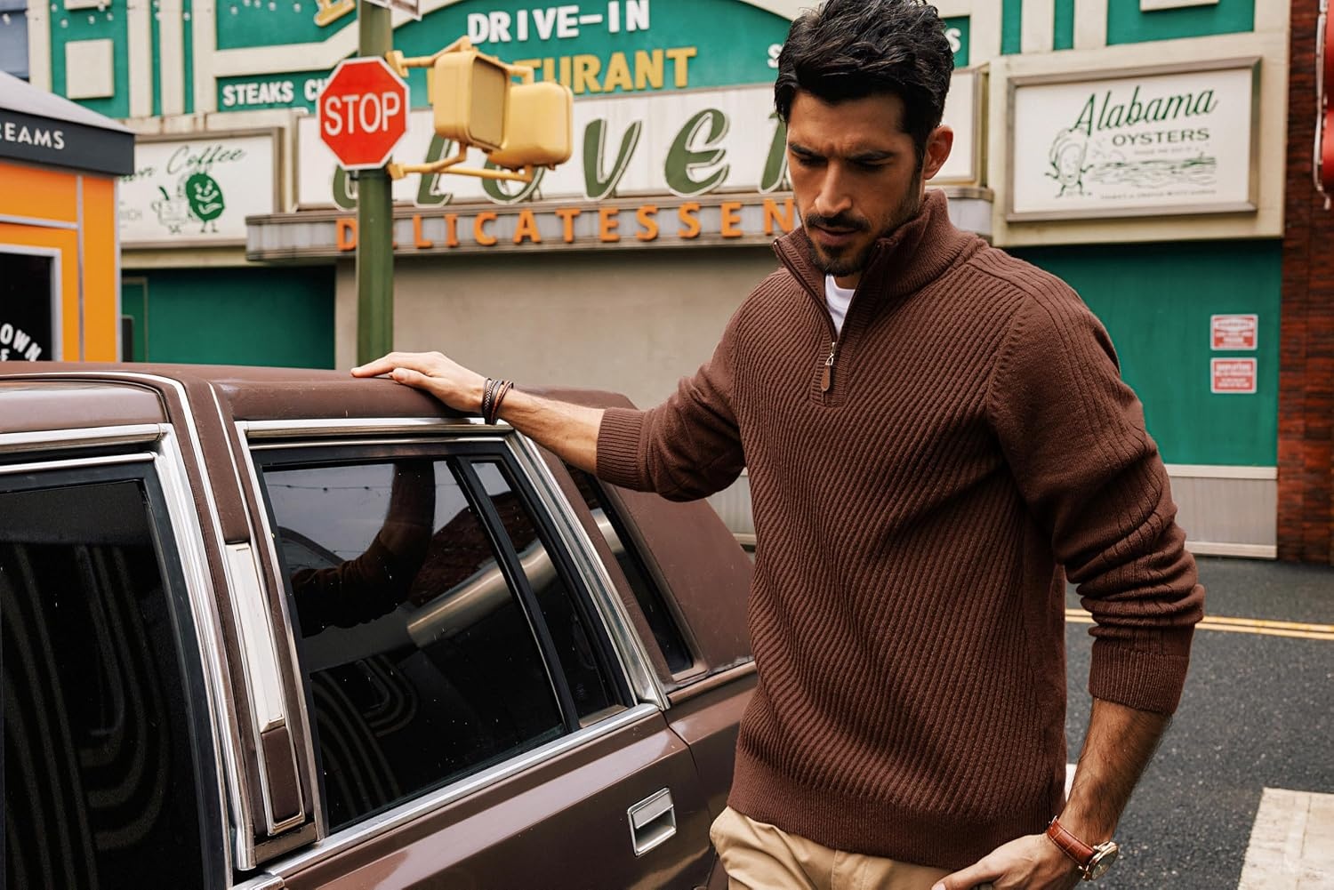 image:imagePJ PAUL JONES Mens Quarter Zip Pullover Sweaters Casual Slim Fit Knit Texture SweaterBrown