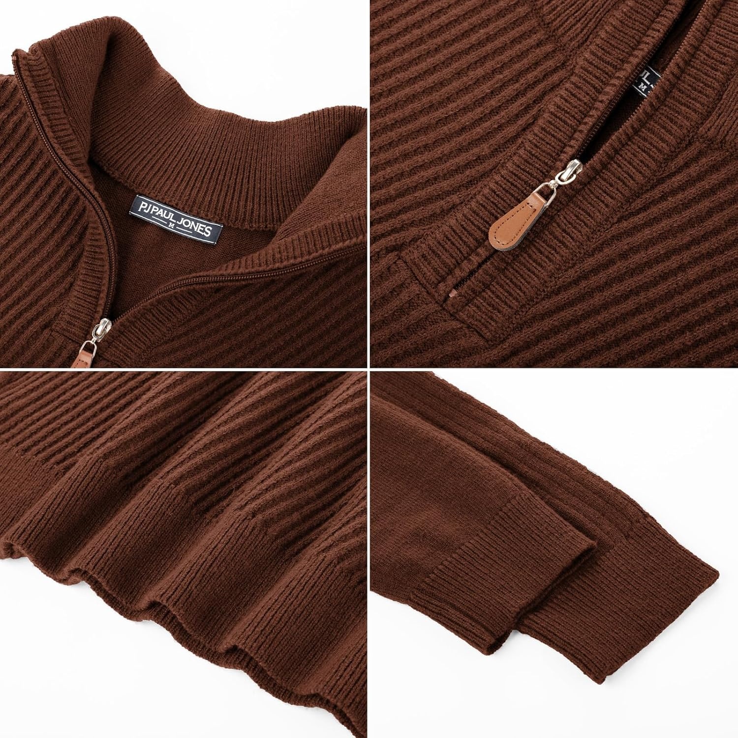 image:imagePJ PAUL JONES Mens Quarter Zip Pullover Sweaters Casual Slim Fit Knit Texture SweaterBrown