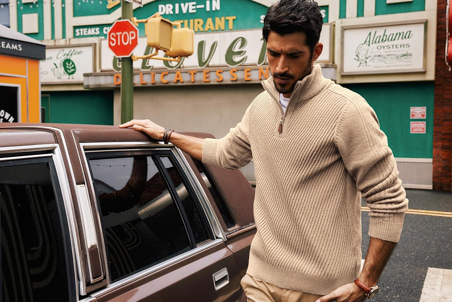 image:imagePJ PAUL JONES Mens Quarter Zip Pullover Sweaters Casual Slim Fit Knit Texture SweaterDark Apricot