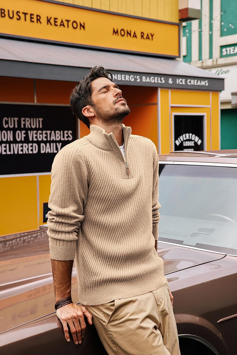 image:imagePJ PAUL JONES Mens Quarter Zip Pullover Sweaters Casual Slim Fit Knit Texture SweaterDark Apricot
