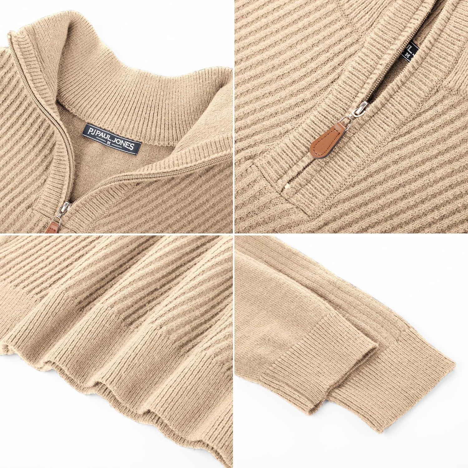 image:imagePJ PAUL JONES Mens Quarter Zip Pullover Sweaters Casual Slim Fit Knit Texture SweaterDark Apricot