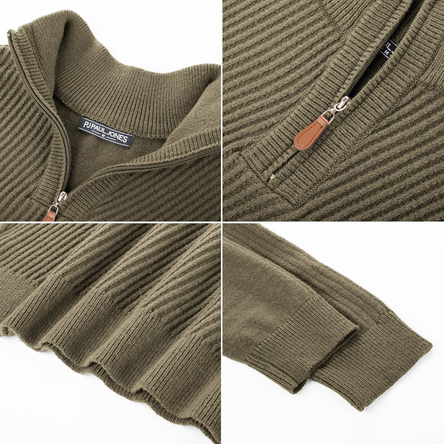 image:imagePJ PAUL JONES Mens Quarter Zip Pullover Sweaters Casual Slim Fit Knit Texture SweaterDark Khaki