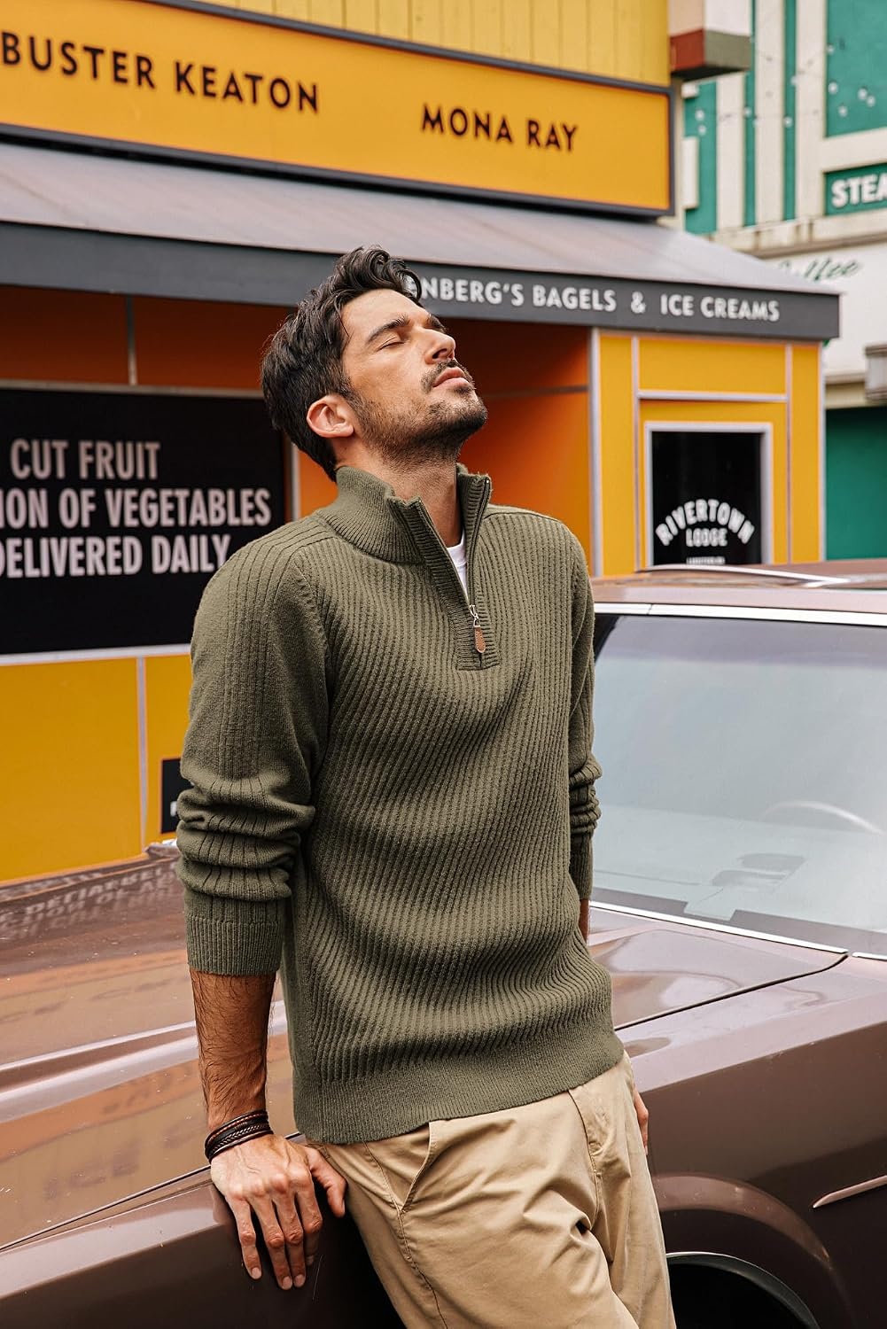 image:imagePJ PAUL JONES Mens Quarter Zip Pullover Sweaters Casual Slim Fit Knit Texture SweaterDark Khaki