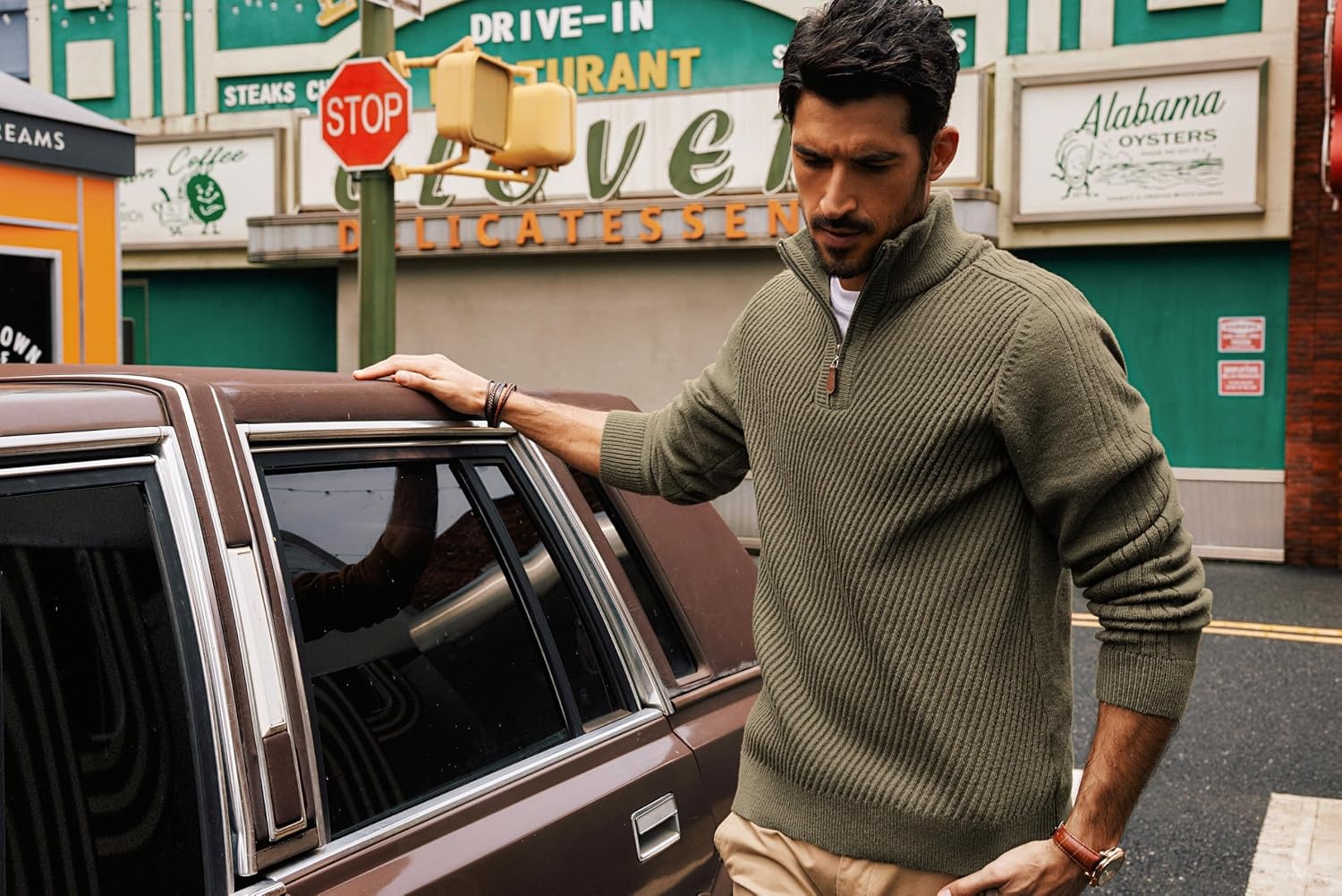 image:imagePJ PAUL JONES Mens Quarter Zip Pullover Sweaters Casual Slim Fit Knit Texture SweaterDark Khaki