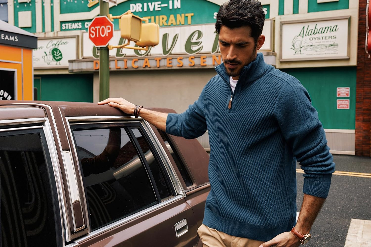 image:imagePJ PAUL JONES Mens Quarter Zip Pullover Sweaters Casual Slim Fit Knit Texture SweaterGray Blue