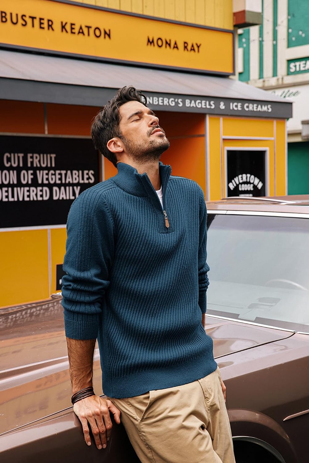 image:imagePJ PAUL JONES Mens Quarter Zip Pullover Sweaters Casual Slim Fit Knit Texture SweaterGray Blue