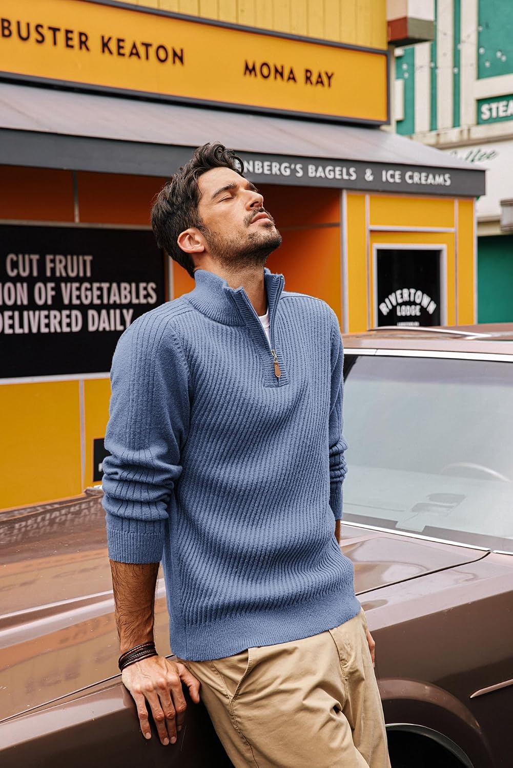 image:imagePJ PAUL JONES Mens Quarter Zip Pullover Sweaters Casual Slim Fit Knit Texture SweaterLight Blue
