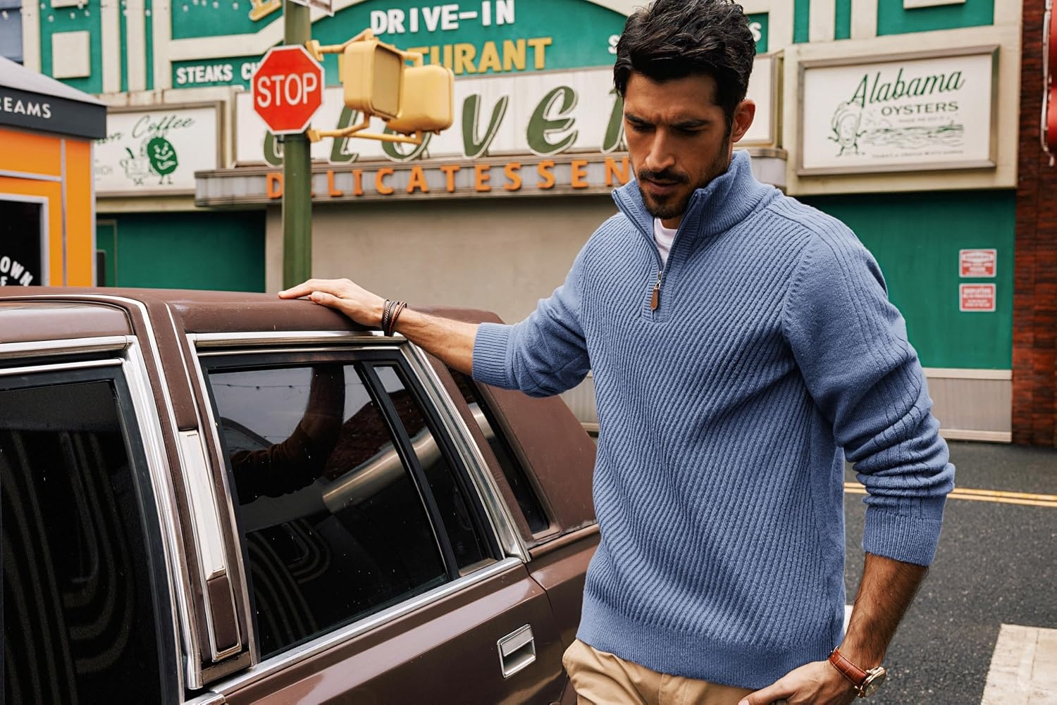 image:imagePJ PAUL JONES Mens Quarter Zip Pullover Sweaters Casual Slim Fit Knit Texture SweaterLight Blue