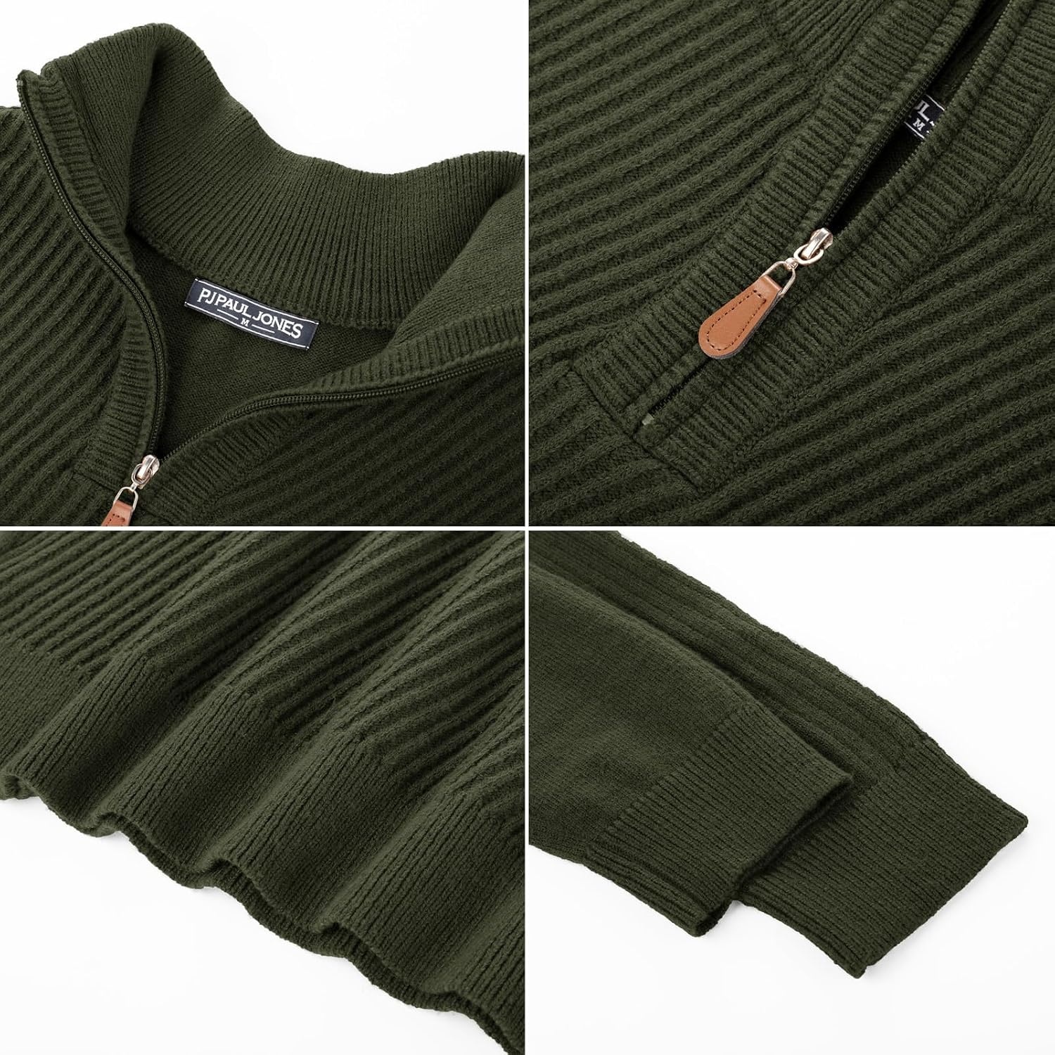 image:imagePJ PAUL JONES Mens Quarter Zip Pullover Sweaters Casual Slim Fit Knit Texture SweaterMilitary Green