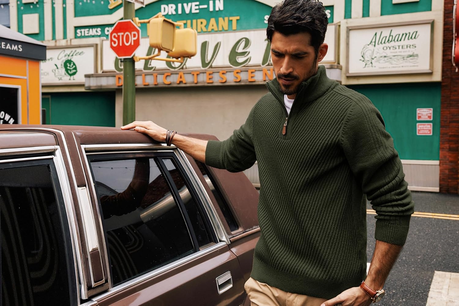 image:imagePJ PAUL JONES Mens Quarter Zip Pullover Sweaters Casual Slim Fit Knit Texture SweaterMilitary Green