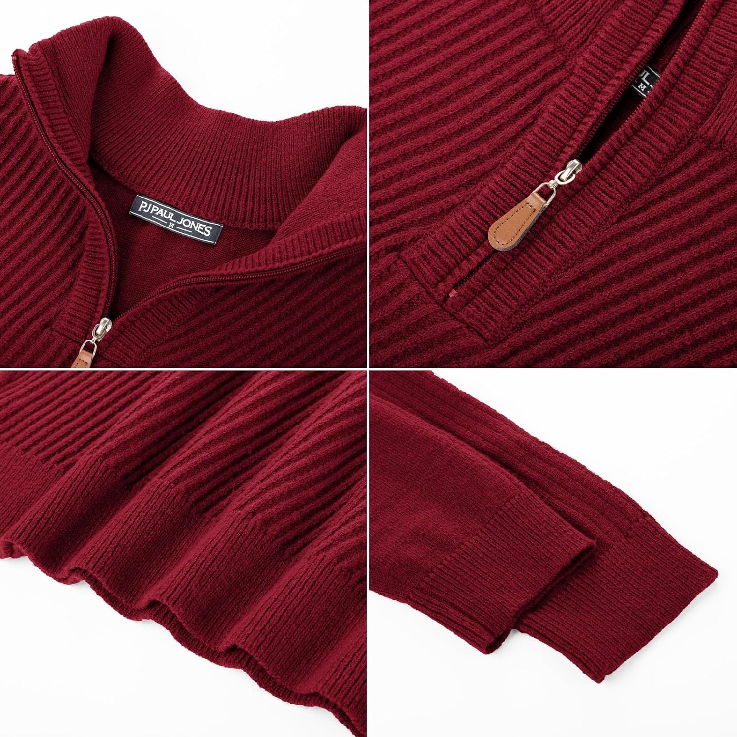 image:imagePJ PAUL JONES Mens Quarter Zip Pullover Sweaters Casual Slim Fit Knit Texture SweaterRed