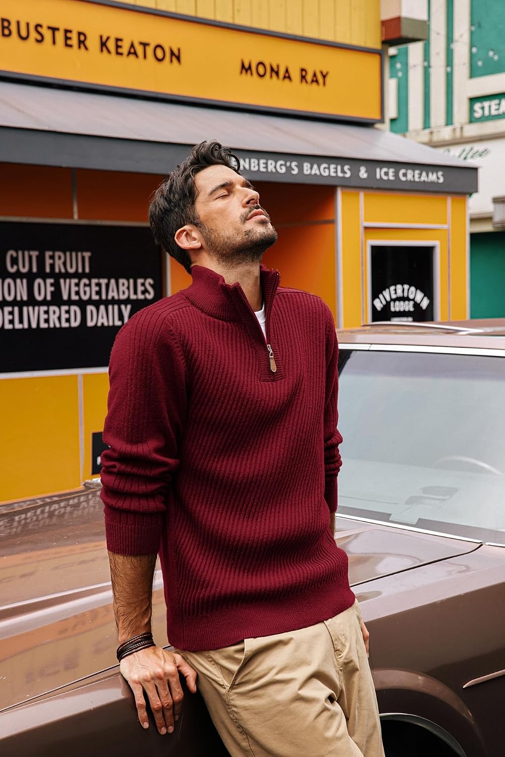 image:imagePJ PAUL JONES Mens Quarter Zip Pullover Sweaters Casual Slim Fit Knit Texture SweaterRed