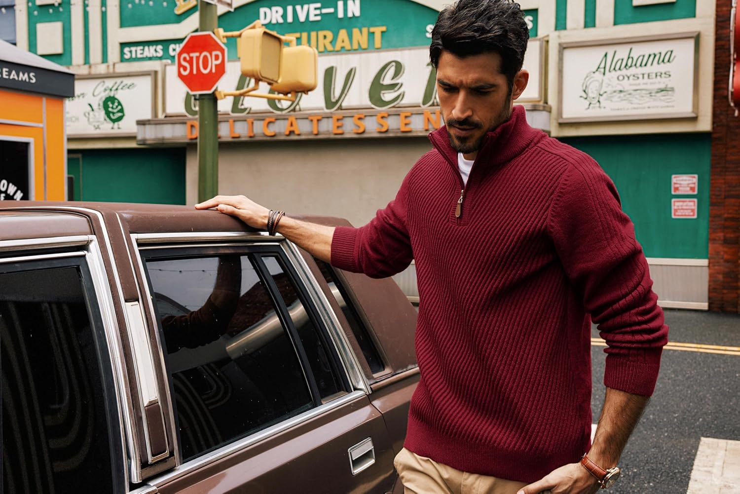 image:imagePJ PAUL JONES Mens Quarter Zip Pullover Sweaters Casual Slim Fit Knit Texture SweaterRed