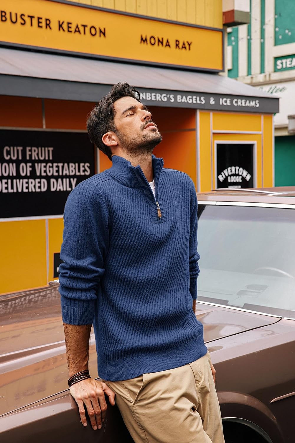 image:imagePJ PAUL JONES Mens Quarter Zip Pullover Sweaters Casual Slim Fit Knit Texture SweaterRoyal Blue
