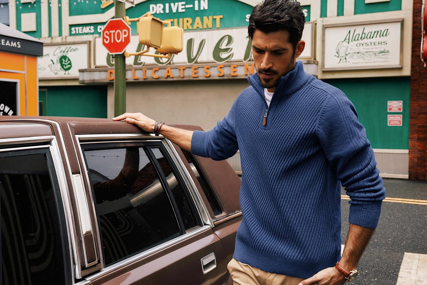 image:imagePJ PAUL JONES Mens Quarter Zip Pullover Sweaters Casual Slim Fit Knit Texture SweaterRoyal Blue