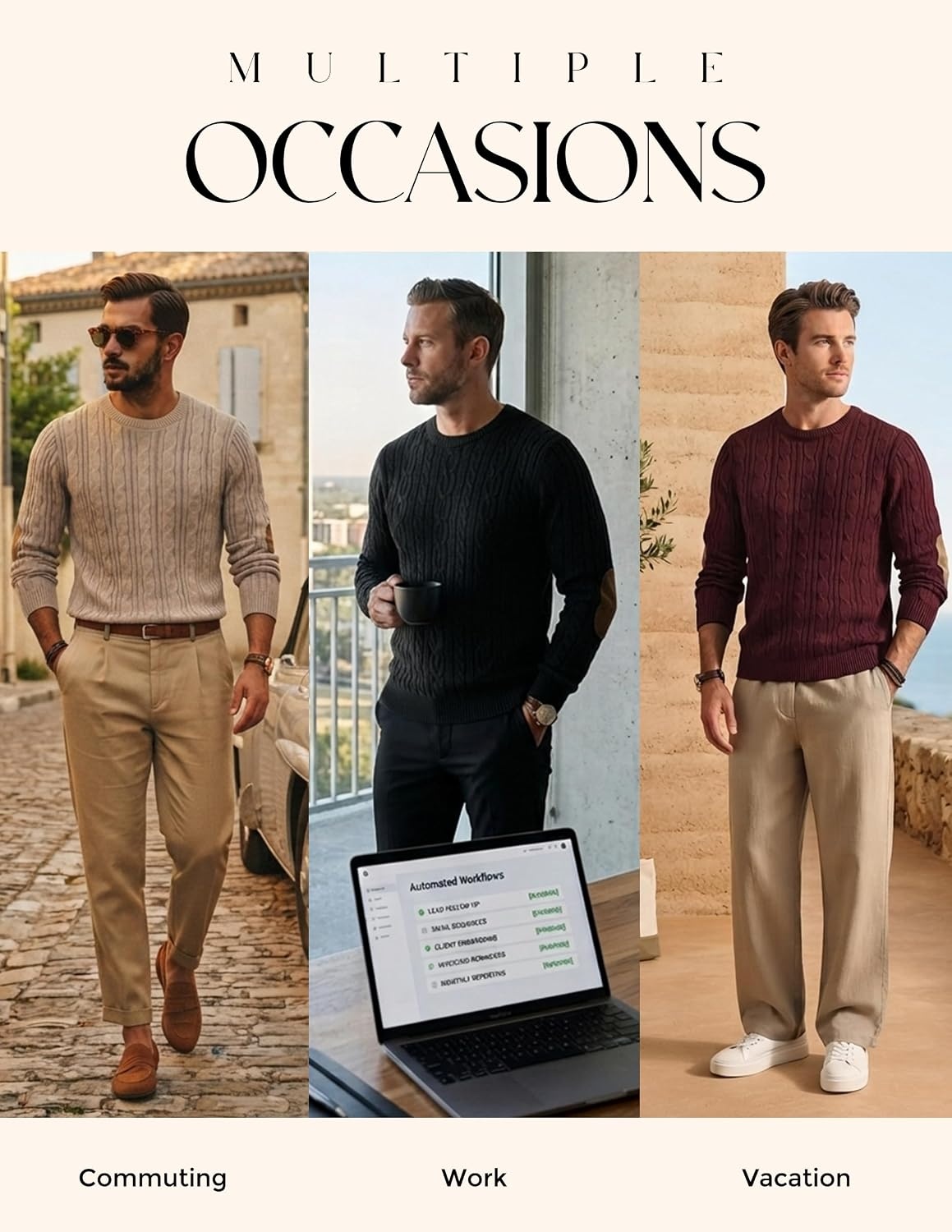 image:imagePJ PAUL JONES Mens Sweater Vintage Cable Knit Pullover Sweater Classic Crew Neck Textured Elbow Suede Patches Casual Soft Warm Stretchable Cozy Long Sleeve Breathable DurableCoffee