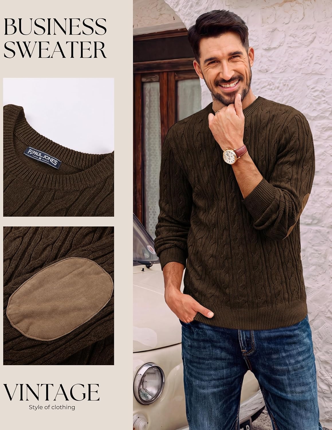 image:imagePJ PAUL JONES Mens Sweater Vintage Cable Knit Pullover Sweater Classic Crew Neck Textured Elbow Suede Patches Casual Soft Warm Stretchable Cozy Long Sleeve Breathable DurableCoffee