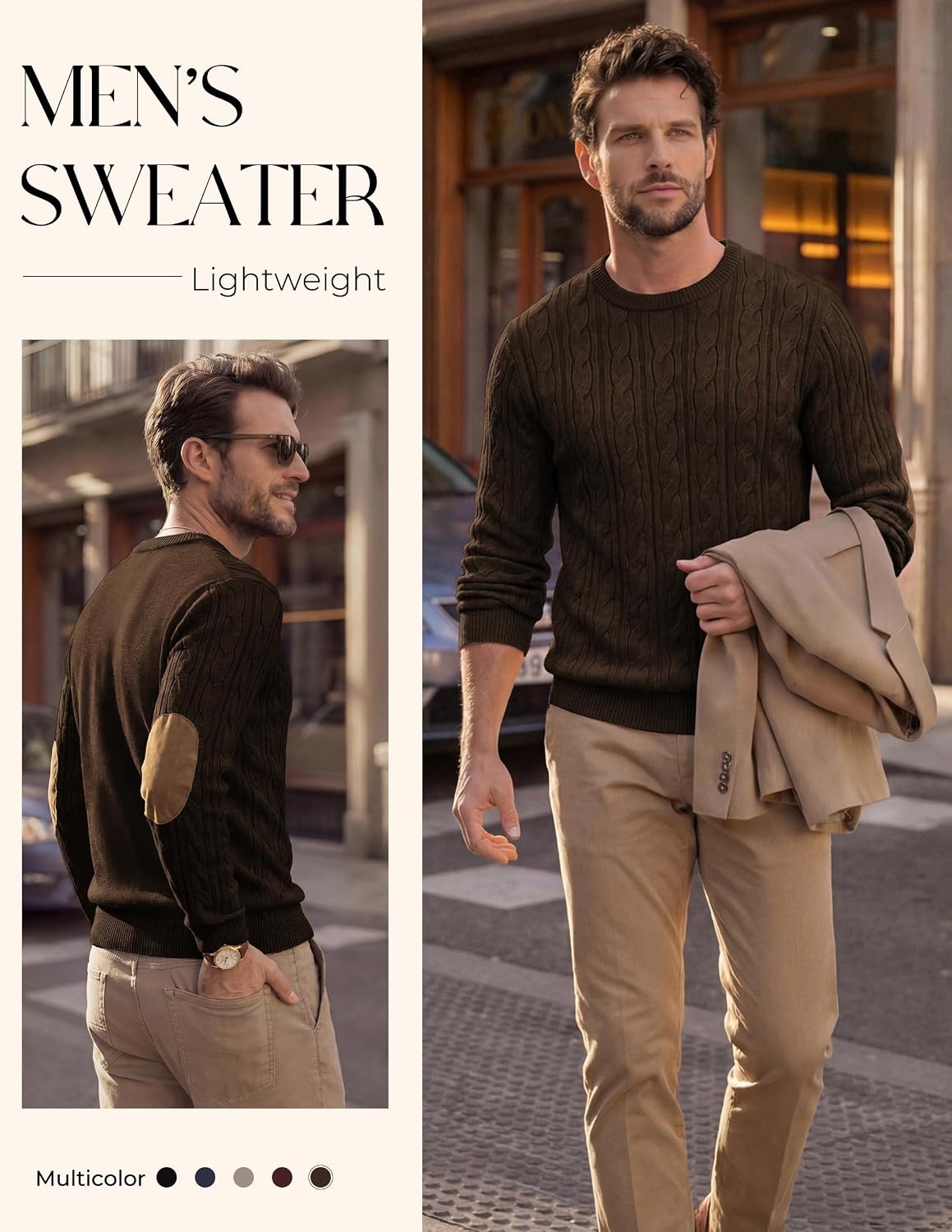 image:imagePJ PAUL JONES Mens Sweater Vintage Cable Knit Pullover Sweater Classic Crew Neck Textured Elbow Suede Patches Casual Soft Warm Stretchable Cozy Long Sleeve Breathable DurableCoffee