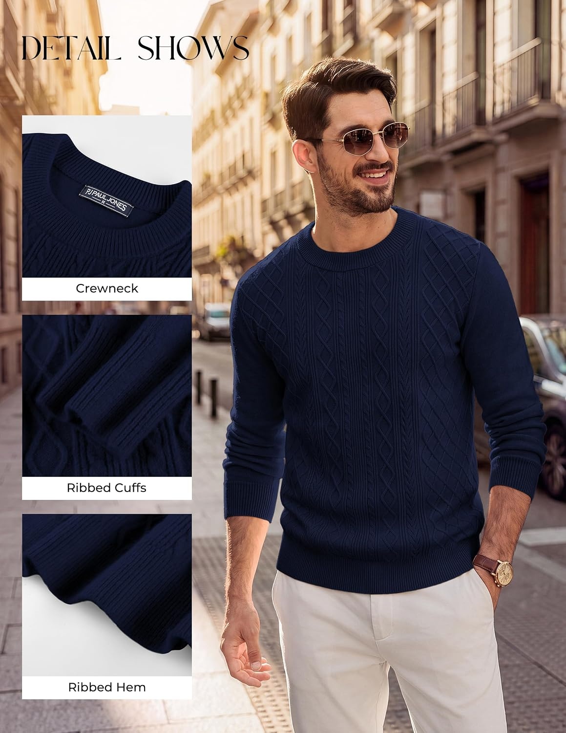 image:imagePJ PAUL JONES Mens Sweaters Cable Knit Pullover Sweaters Wool blend Long sleeve Crewneck Casual Textured Breathable material Regular fit Fall and winterNavy Blue