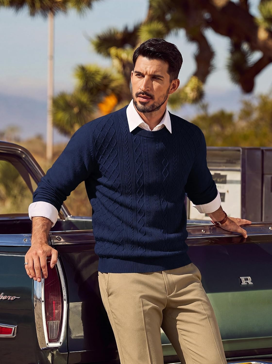 image:imagePJ PAUL JONES Mens Sweaters Cable Knit Pullover Sweaters Wool blend Long sleeve Crewneck Casual Textured Breathable material Regular fit Fall and winterNavy Blue