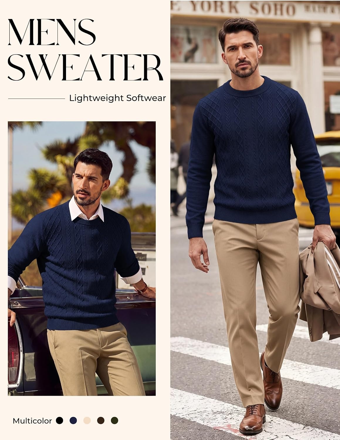 image:imagePJ PAUL JONES Mens Sweaters Cable Knit Pullover Sweaters Wool blend Long sleeve Crewneck Casual Textured Breathable material Regular fit Fall and winterNavy Blue