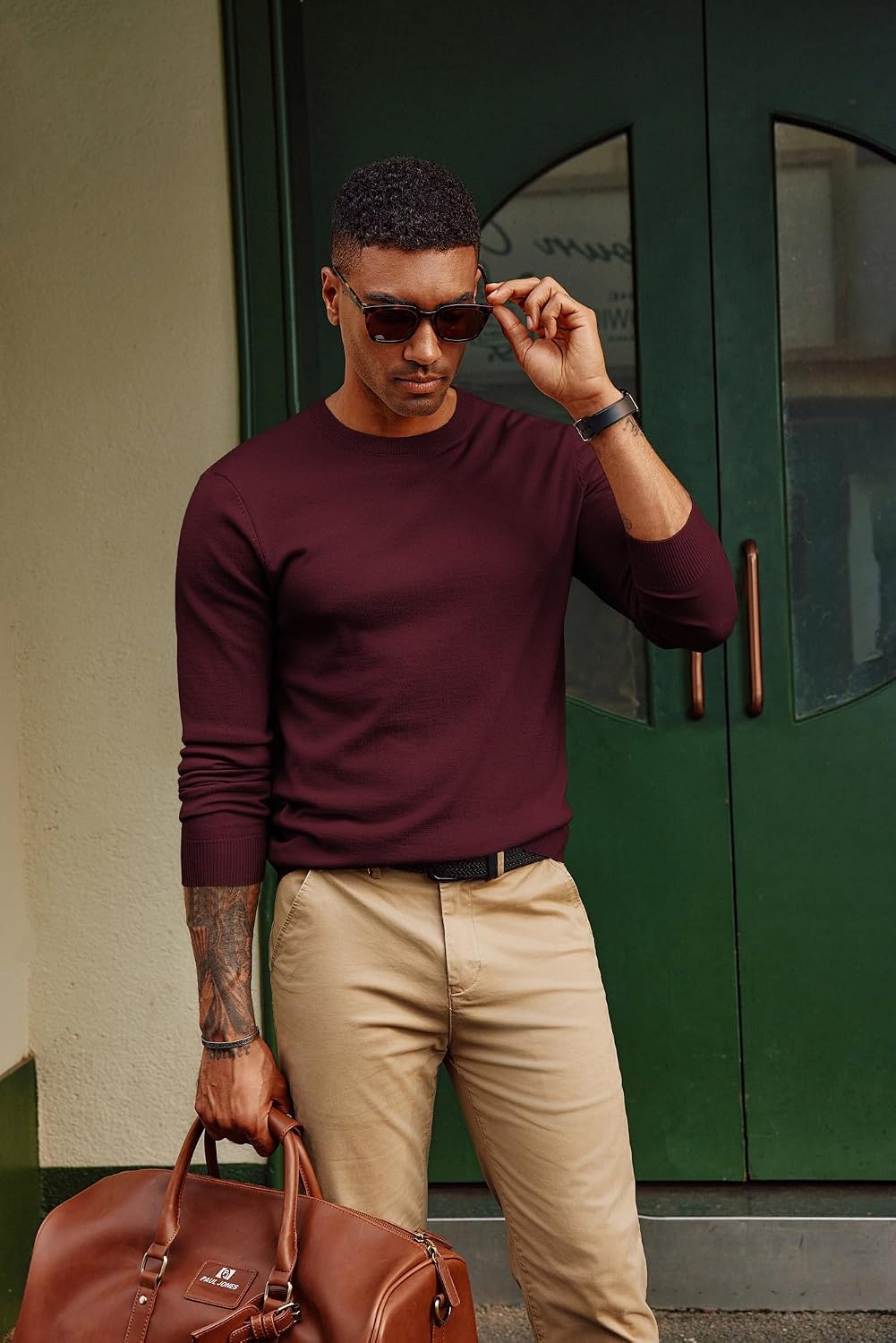 image:imagePJ PAUL JONES Mens Sweaters Crewneck Basic Lightweight Wool Blend Knitted Pullover Long Sleeve Shirts for MenBurgundy