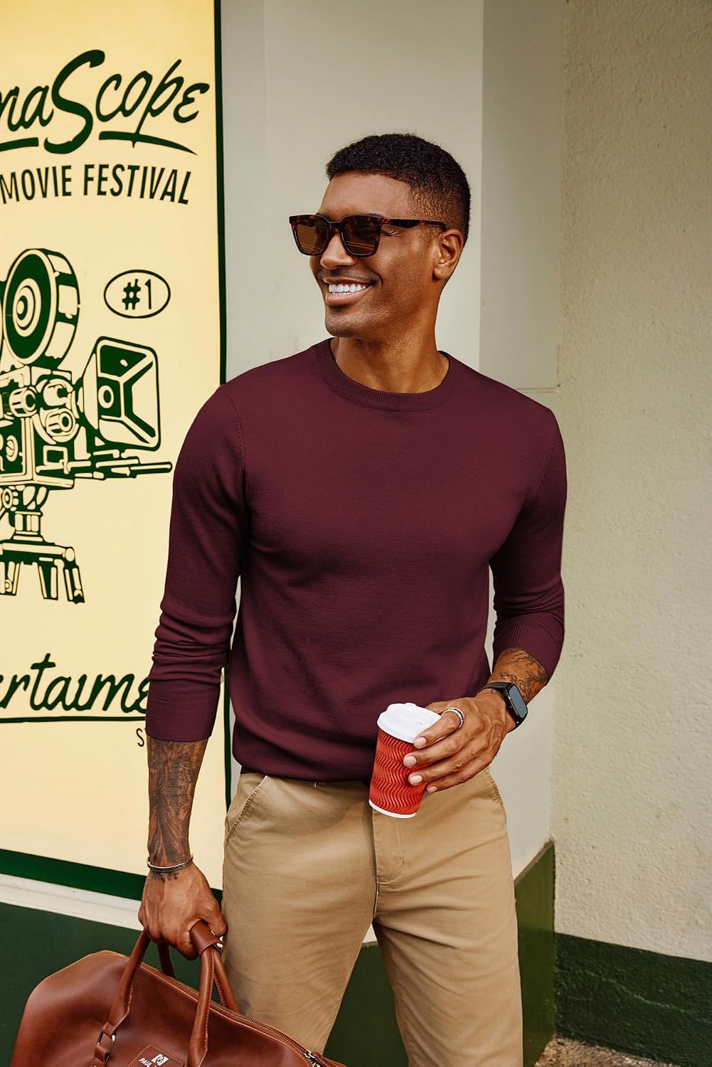 image:imagePJ PAUL JONES Mens Sweaters Crewneck Basic Lightweight Wool Blend Knitted Pullover Long Sleeve Shirts for MenBurgundy