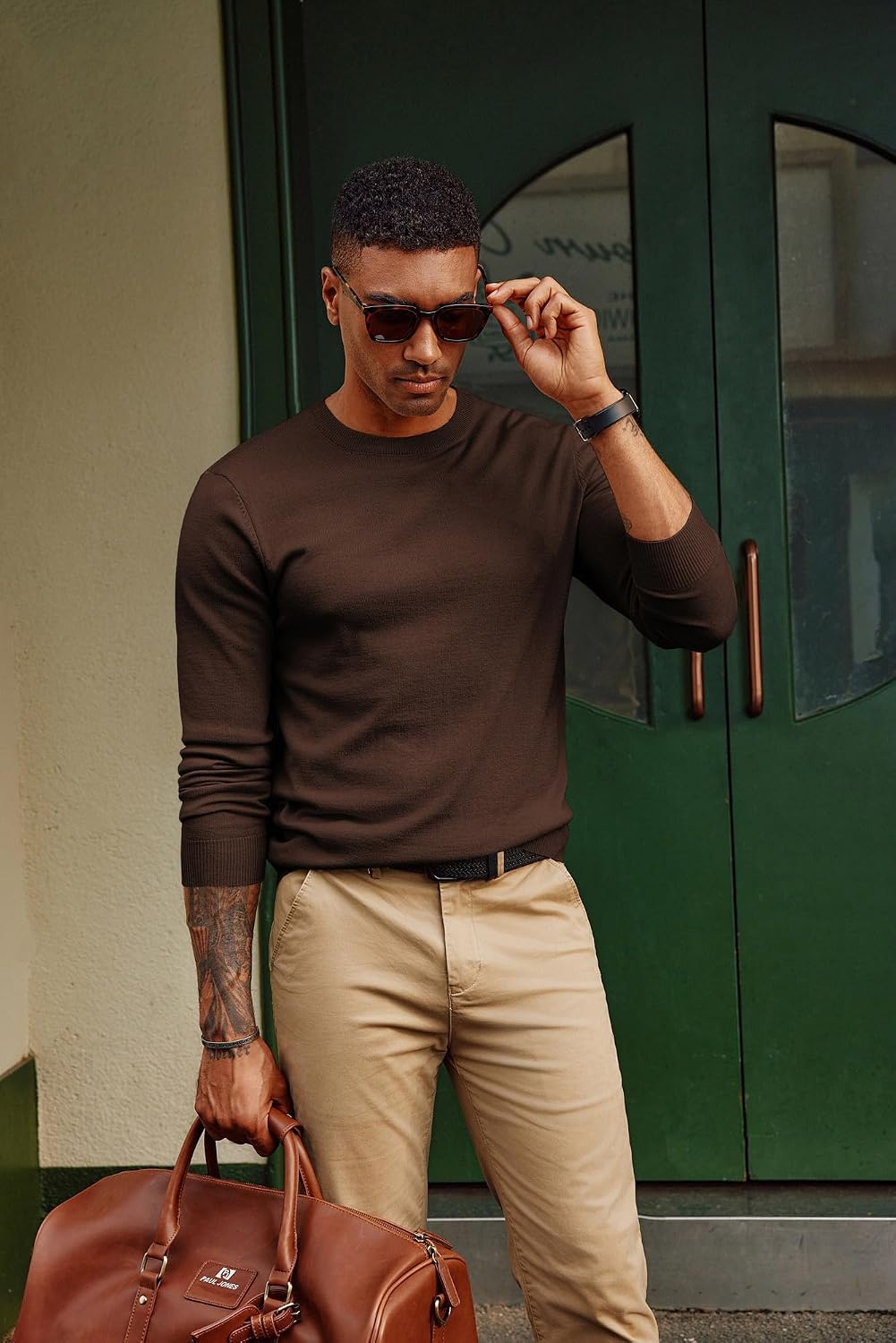 image:imagePJ PAUL JONES Mens Sweaters Crewneck Basic Lightweight Wool Blend Knitted Pullover Long Sleeve Shirts for MenDark Brown