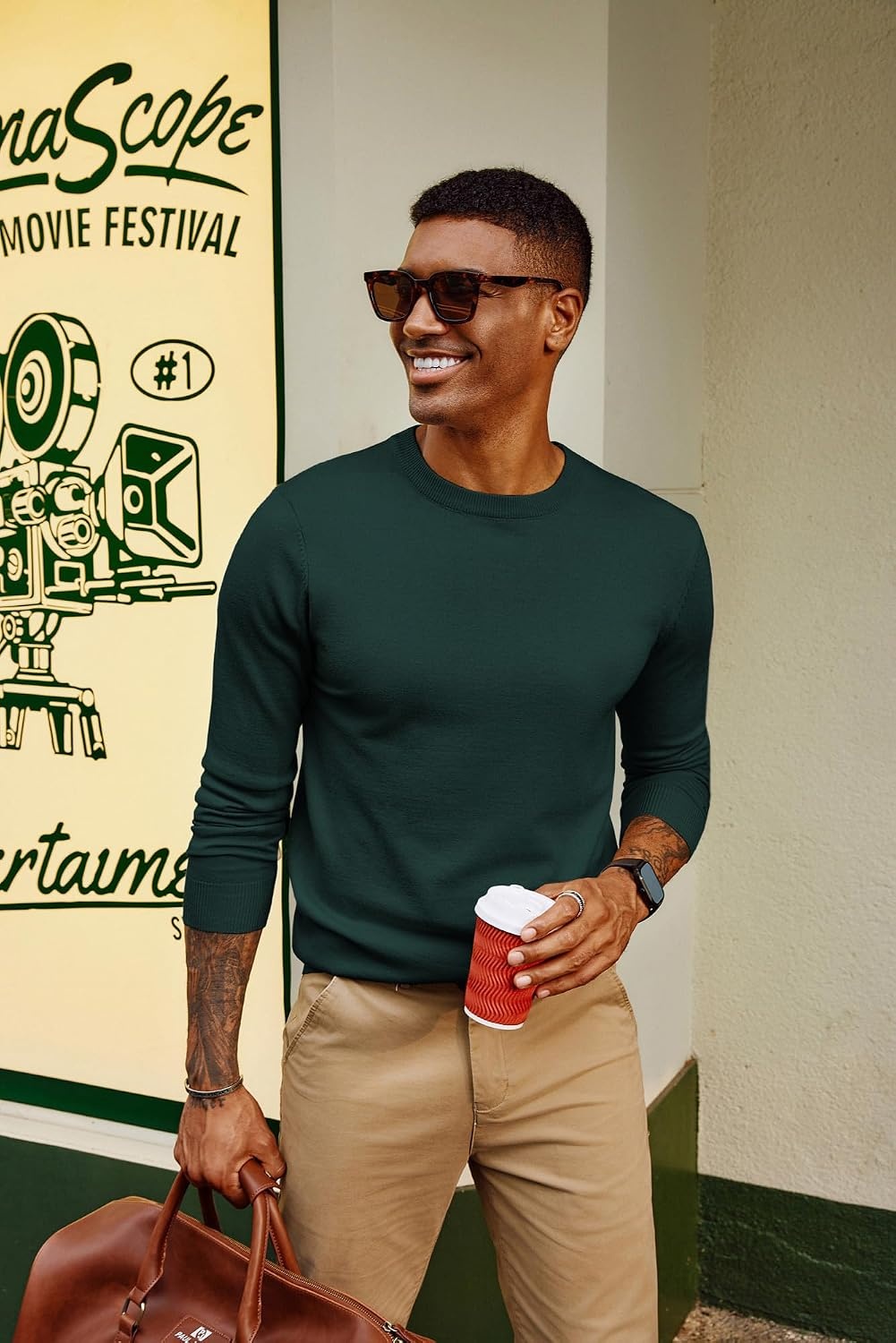 image:imagePJ PAUL JONES Mens Sweaters Crewneck Basic Lightweight Wool Blend Knitted Pullover Long Sleeve Shirts for MenForest Green