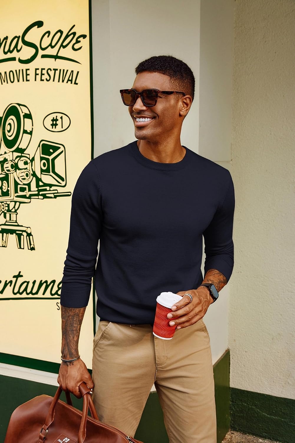 image:imagePJ PAUL JONES Mens Sweaters Crewneck Basic Lightweight Wool Blend Knitted Pullover Long Sleeve Shirts for MenNavy Blue