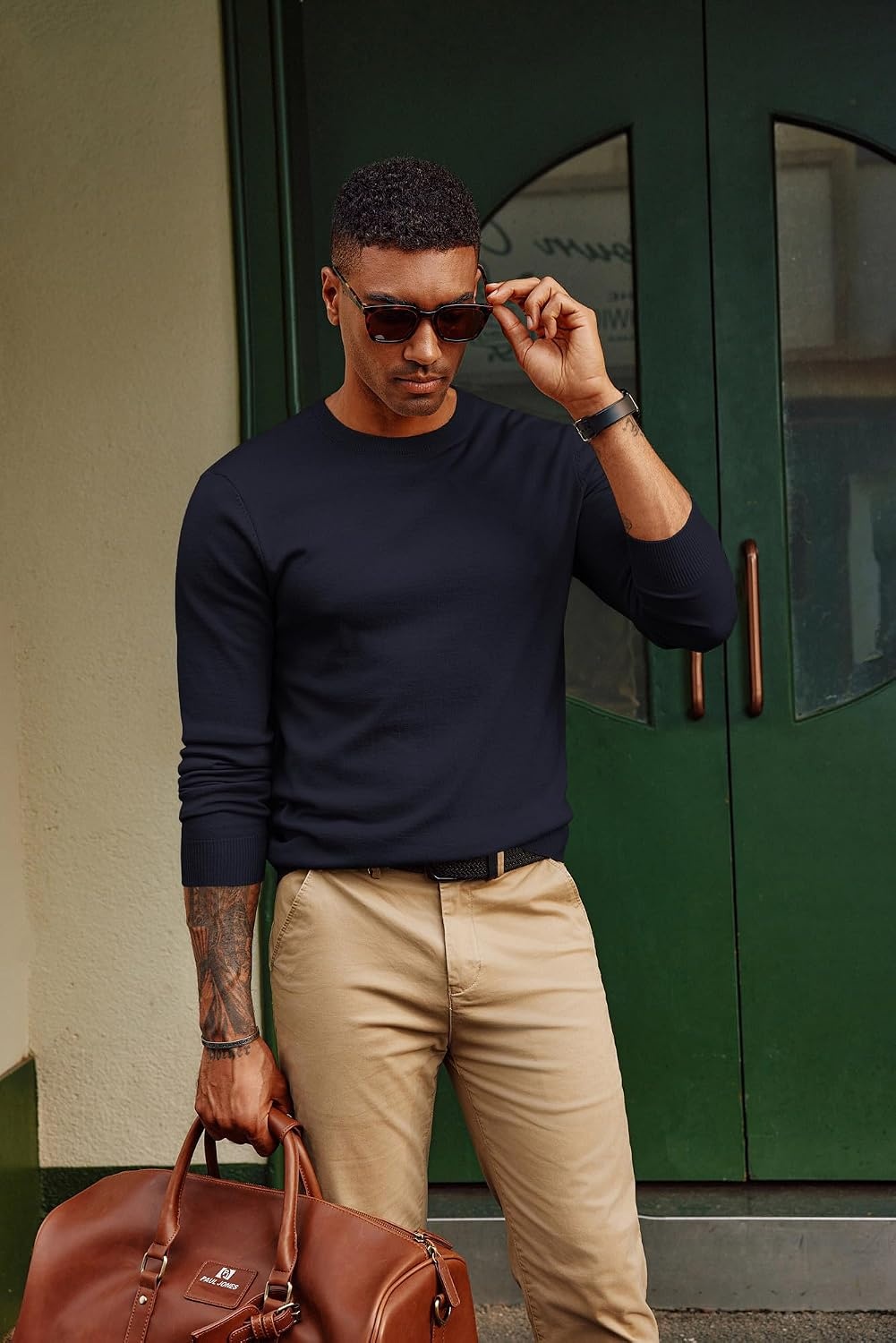 image:imagePJ PAUL JONES Mens Sweaters Crewneck Basic Lightweight Wool Blend Knitted Pullover Long Sleeve Shirts for MenNavy Blue