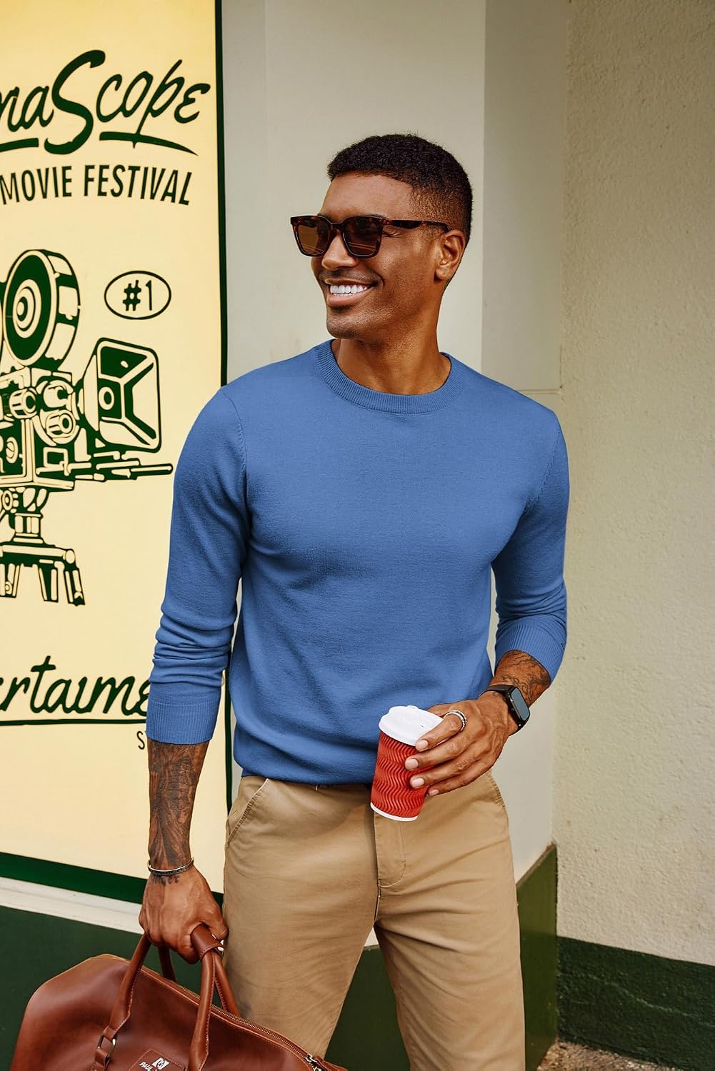 image:imagePJ PAUL JONES Mens Sweaters Crewneck Basic Lightweight Wool Blend Knitted Pullover Long Sleeve Shirts for MenPeacock Blue