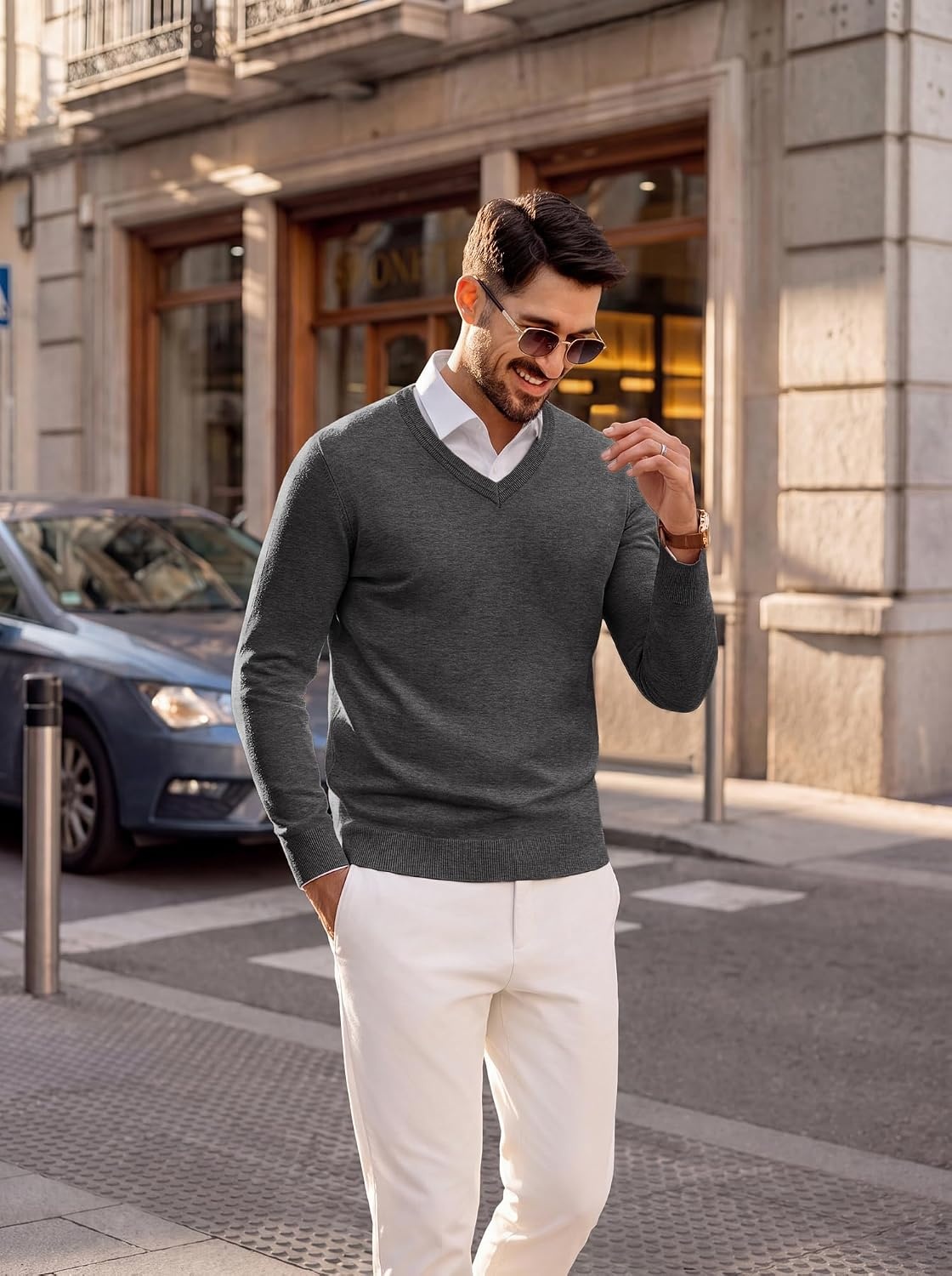 image:imagePJ PAUL JONES Mens V Neck Sweater Wool Blend Knit Pullover Sweaters Casual VNeck Long Sleeve Warm Wool Blend Fitted Style Lightweight Soft Stretchy Knit Dress Business Casual Fall Winter LayeredDark Gray