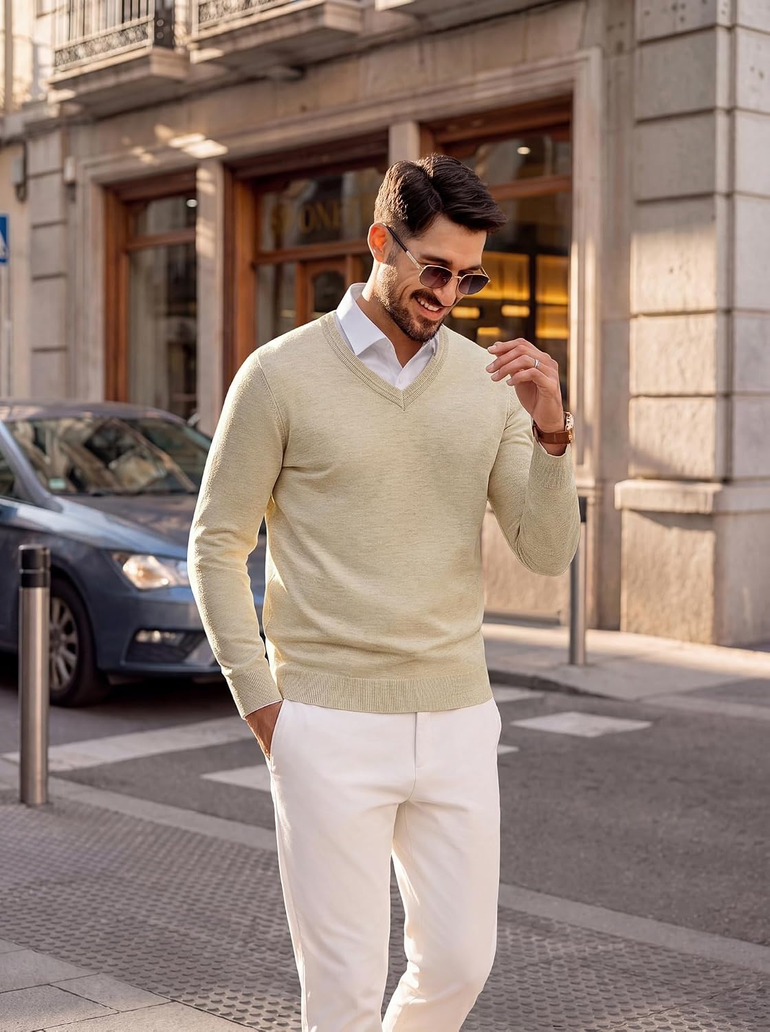 image:imagePJ PAUL JONES Mens V Neck Sweater Wool Blend Knit Pullover Sweaters Casual VNeck Long Sleeve Warm Wool Blend Fitted Style Lightweight Soft Stretchy Knit Dress Business Casual Fall Winter LayeredApricot