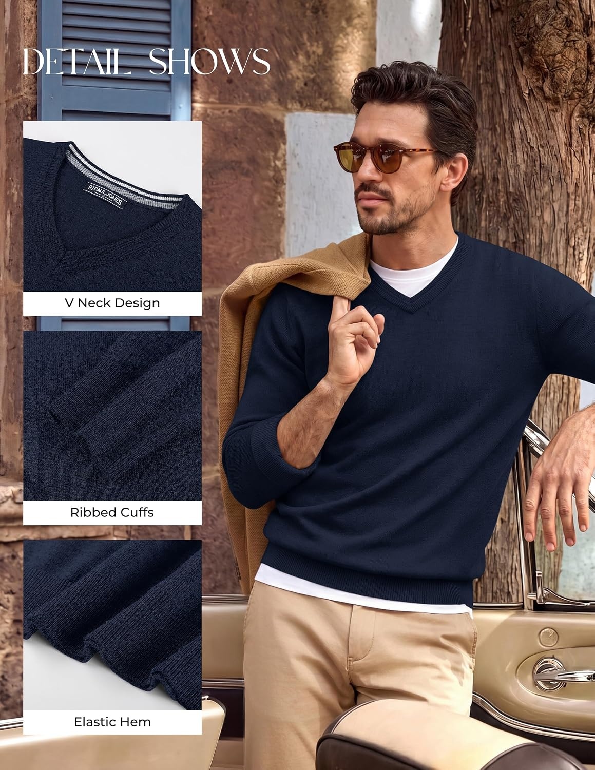 image:imagePJ PAUL JONES Mens V Neck Sweater Wool Blend Knit Pullover Sweaters Casual VNeck Long Sleeve Warm Wool Blend Fitted Style Lightweight Soft Stretchy Knit Dress Business Casual Fall Winter LayeredNavy Blue