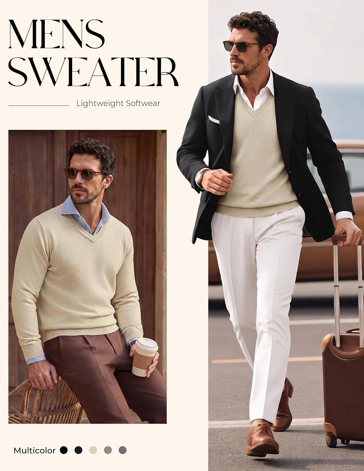 image:imagePJ PAUL JONES Mens V Neck Sweater Wool Blend Knit Pullover Sweaters Casual VNeck Long Sleeve Warm Wool Blend Fitted Style Lightweight Soft Stretchy Knit Dress Business Casual Fall Winter LayeredApricot