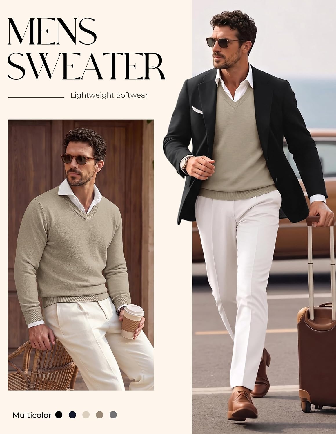 image:imagePJ PAUL JONES Mens V Neck Sweater Wool Blend Knit Pullover Sweaters Casual VNeck Long Sleeve Warm Wool Blend Fitted Style Lightweight Soft Stretchy Knit Dress Business Casual Fall Winter LayeredKhaki
