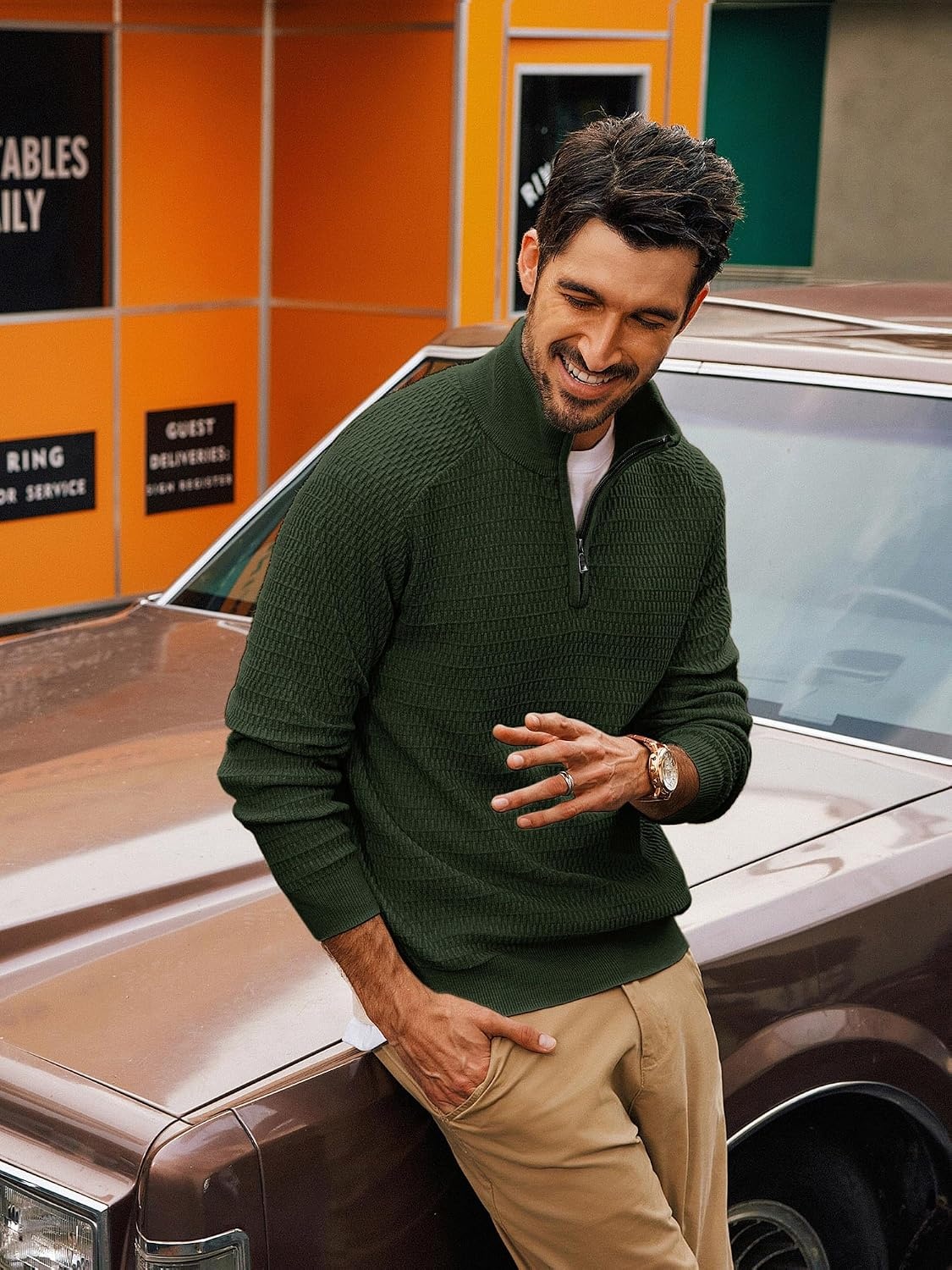 image:imagePJ PAUL JONES Sweaters for Men Quarter Zip Knit Pullover Sweater Textured Raglan Long Sleeve Casual Mock Neck Ribbed Cuffs and Hem Solid Color Slim Fit Soft Fall Winter BusinessGreen