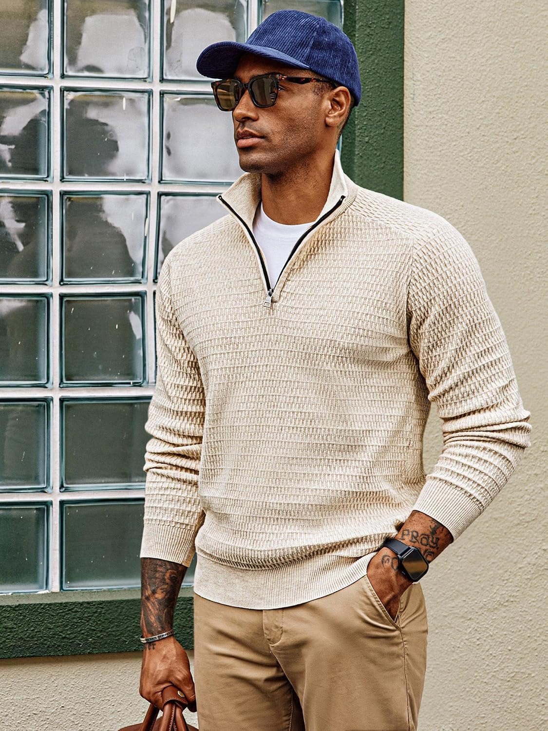 image:imagePJ PAUL JONES Sweaters for Men Quarter Zip Knit Pullover Sweater Textured Raglan Long Sleeve Casual Mock Neck Ribbed Cuffs and Hem Solid Color Slim Fit Soft Fall Winter BusinessBeige