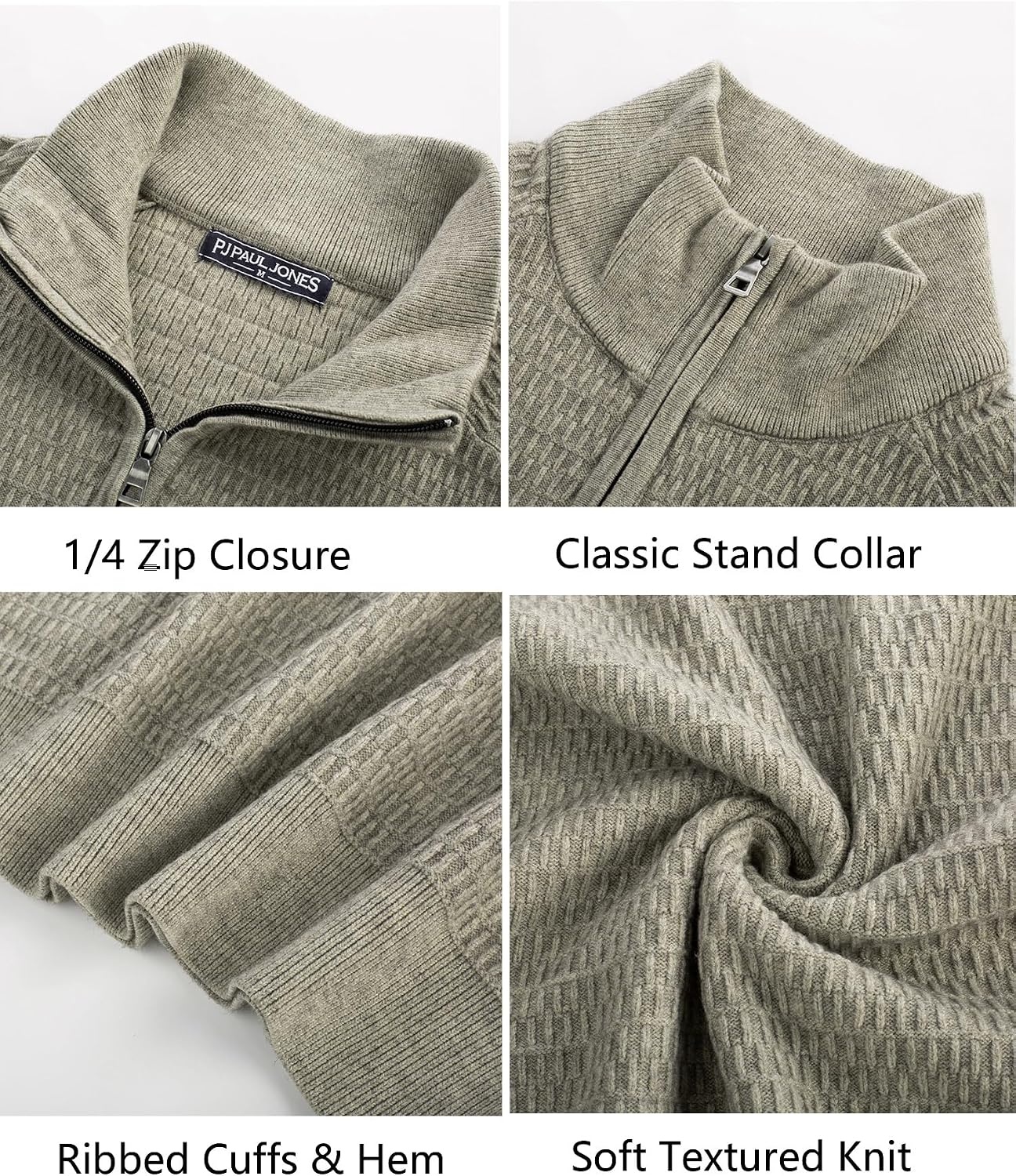 image:imagePJ PAUL JONES Sweaters for Men Quarter Zip Knit Pullover Sweater Textured Raglan Long Sleeve Casual Mock Neck Ribbed Cuffs and Hem Solid Color Slim Fit Soft Fall Winter BusinessKhaki Green