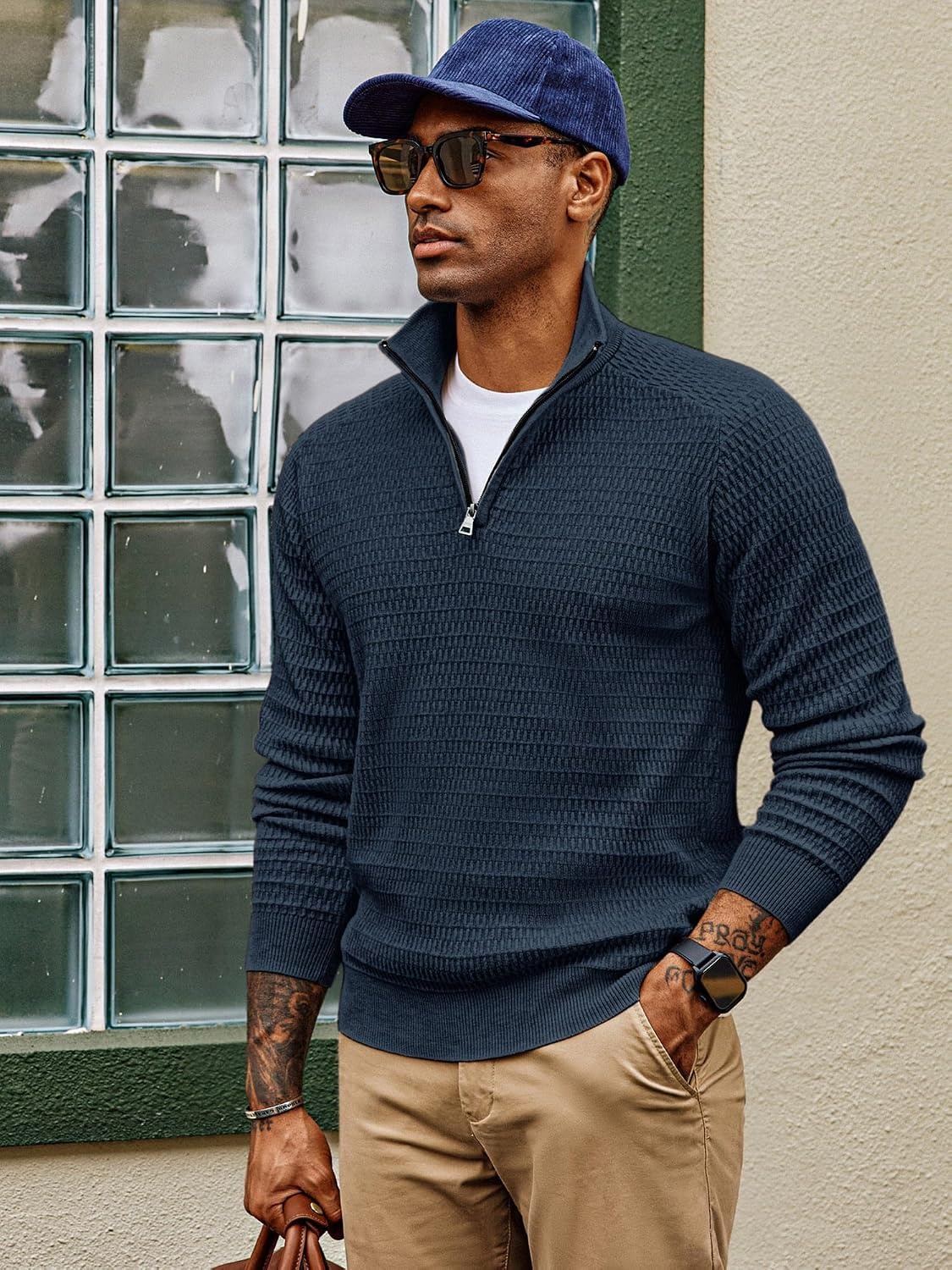 image:imagePJ PAUL JONES Sweaters for Men Quarter Zip Knit Pullover Sweater Textured Raglan Long Sleeve Casual Mock Neck Ribbed Cuffs and Hem Solid Color Slim Fit Soft Fall Winter BusinessBlue