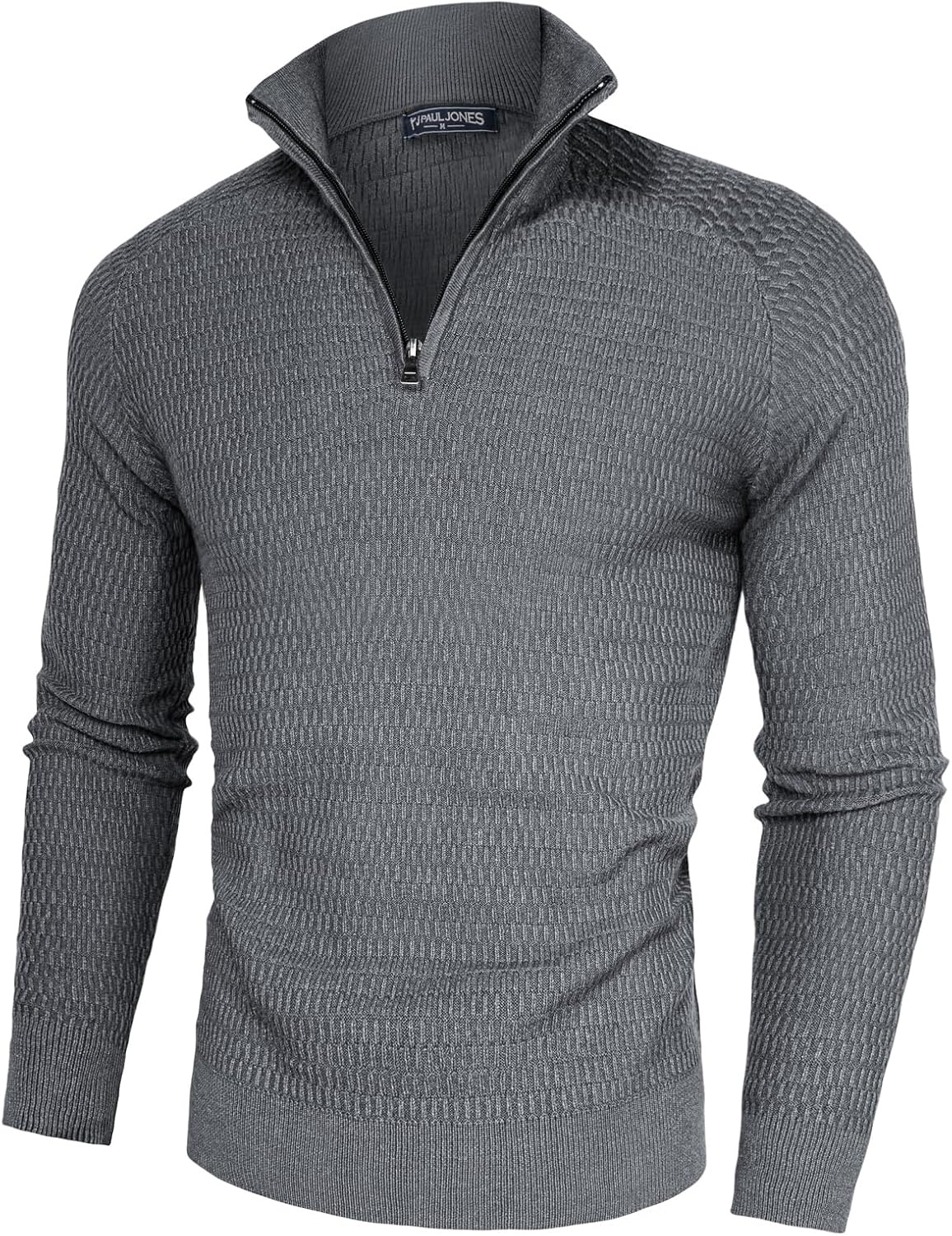 image:imagePJ PAUL JONES Sweaters for Men Quarter Zip Knit Pullover Sweater Textured Raglan Long Sleeve Casual Mock Neck Ribbed Cuffs and Hem Solid Color Slim Fit Soft Fall Winter BusinessGrey