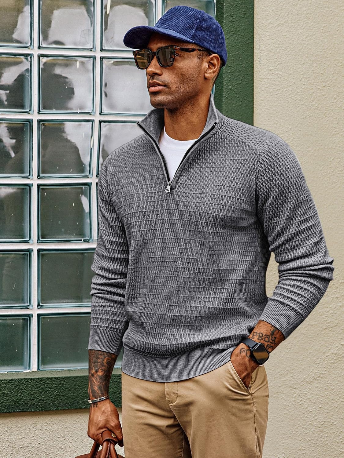 image:imagePJ PAUL JONES Sweaters for Men Quarter Zip Knit Pullover Sweater Textured Raglan Long Sleeve Casual Mock Neck Ribbed Cuffs and Hem Solid Color Slim Fit Soft Fall Winter BusinessGrey