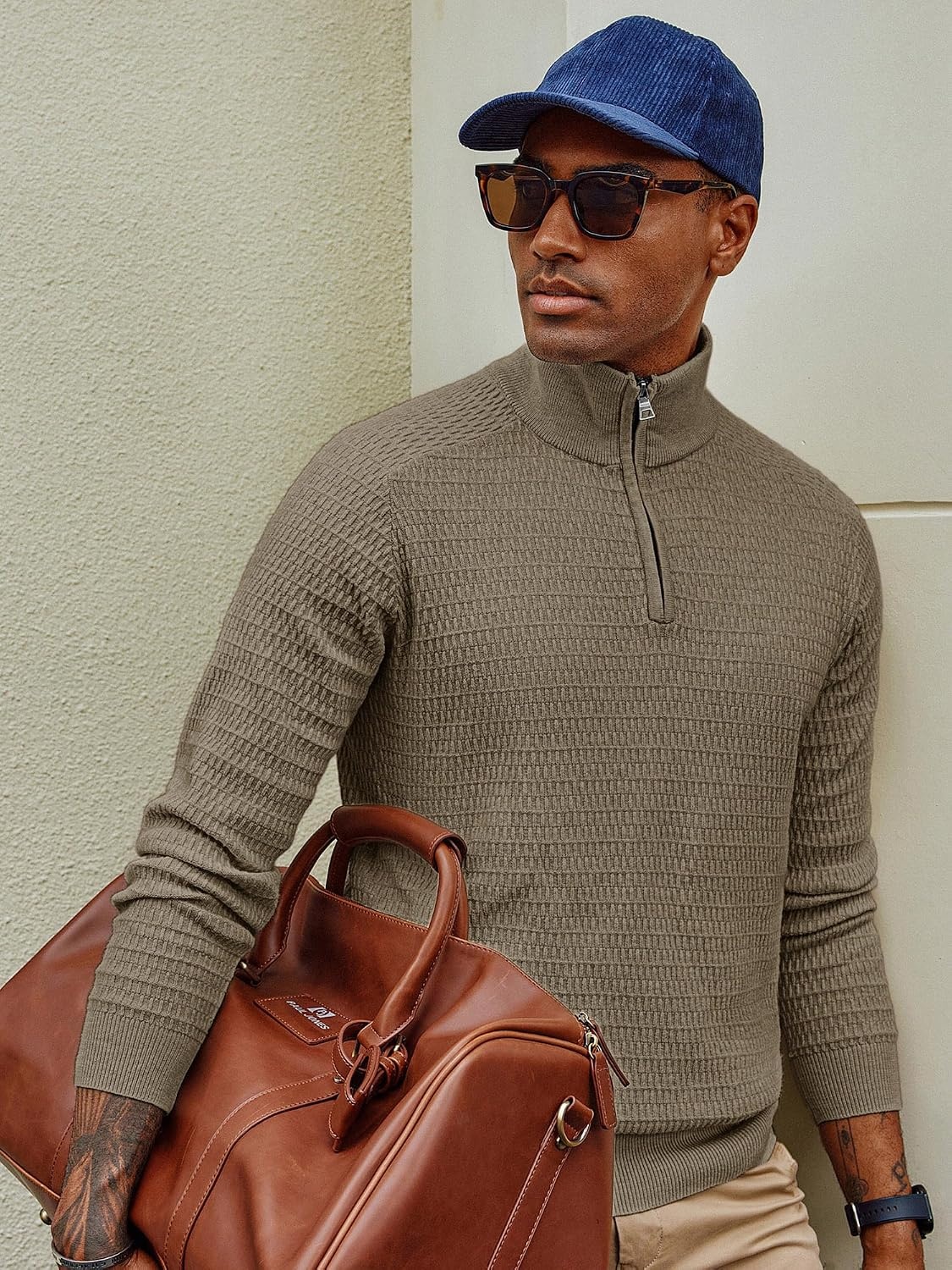 image:imagePJ PAUL JONES Sweaters for Men Quarter Zip Knit Pullover Sweater Textured Raglan Long Sleeve Casual Mock Neck Ribbed Cuffs and Hem Solid Color Slim Fit Soft Fall Winter BusinessKhaki