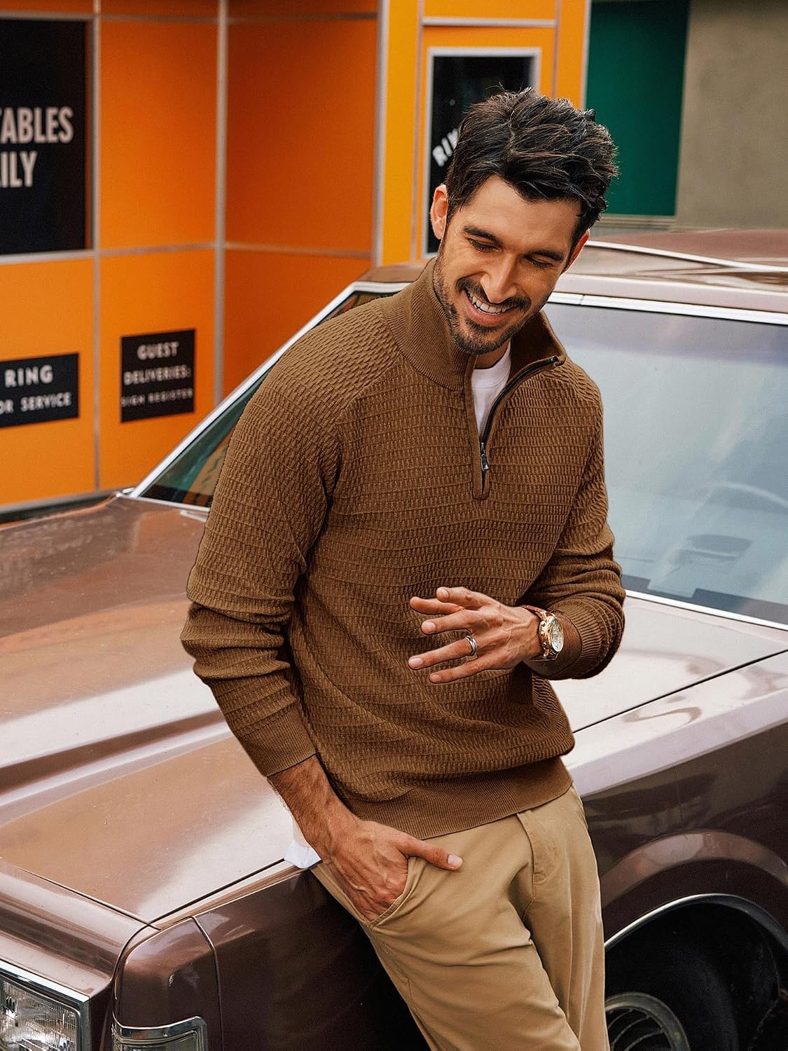 image:imagePJ PAUL JONES Sweaters for Men Quarter Zip Knit Pullover Sweater Textured Raglan Long Sleeve Casual Mock Neck Ribbed Cuffs and Hem Solid Color Slim Fit Soft Fall Winter BusinessBrown