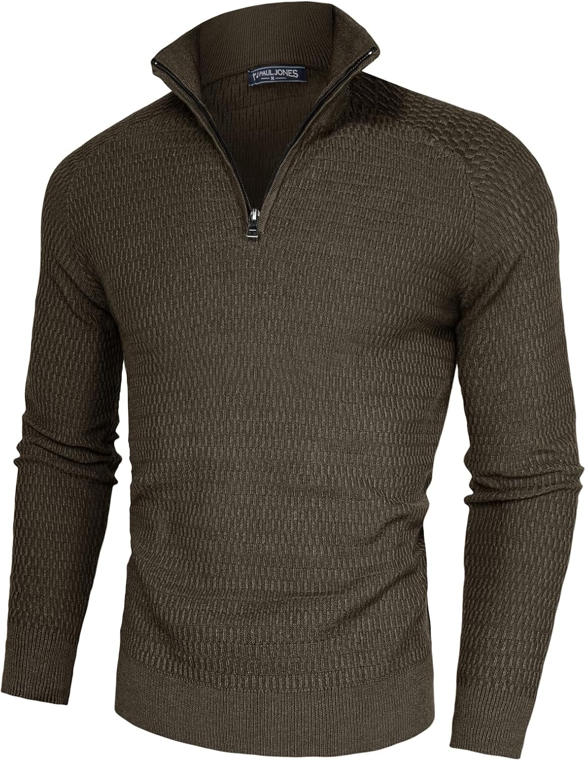 image:imagePJ PAUL JONES Sweaters for Men Quarter Zip Knit Pullover Sweater Textured Raglan Long Sleeve Casual Mock Neck Ribbed Cuffs and Hem Solid Color Slim Fit Soft Fall Winter BusinessDark Brown