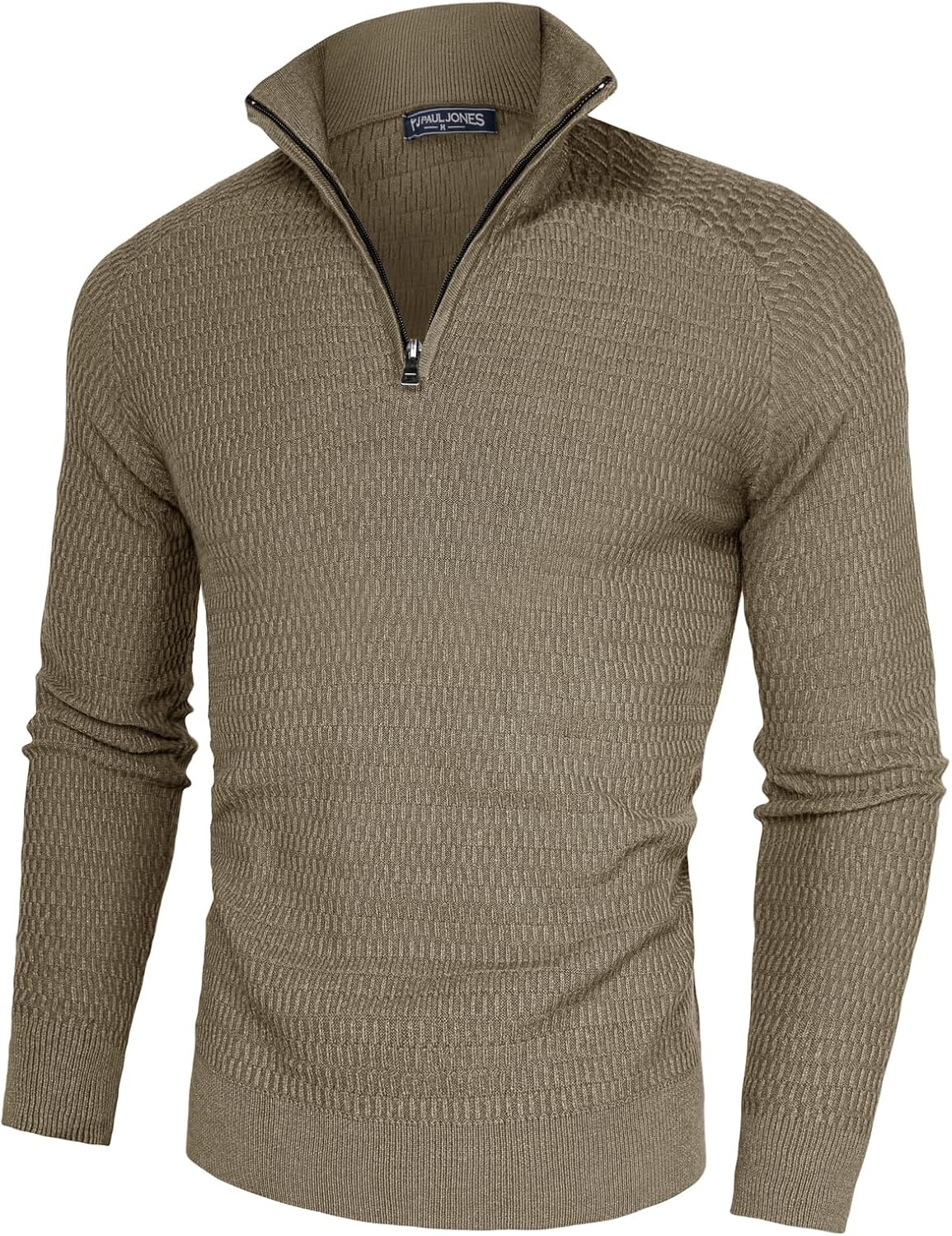 image:imagePJ PAUL JONES Sweaters for Men Quarter Zip Knit Pullover Sweater Textured Raglan Long Sleeve Casual Mock Neck Ribbed Cuffs and Hem Solid Color Slim Fit Soft Fall Winter BusinessKhaki